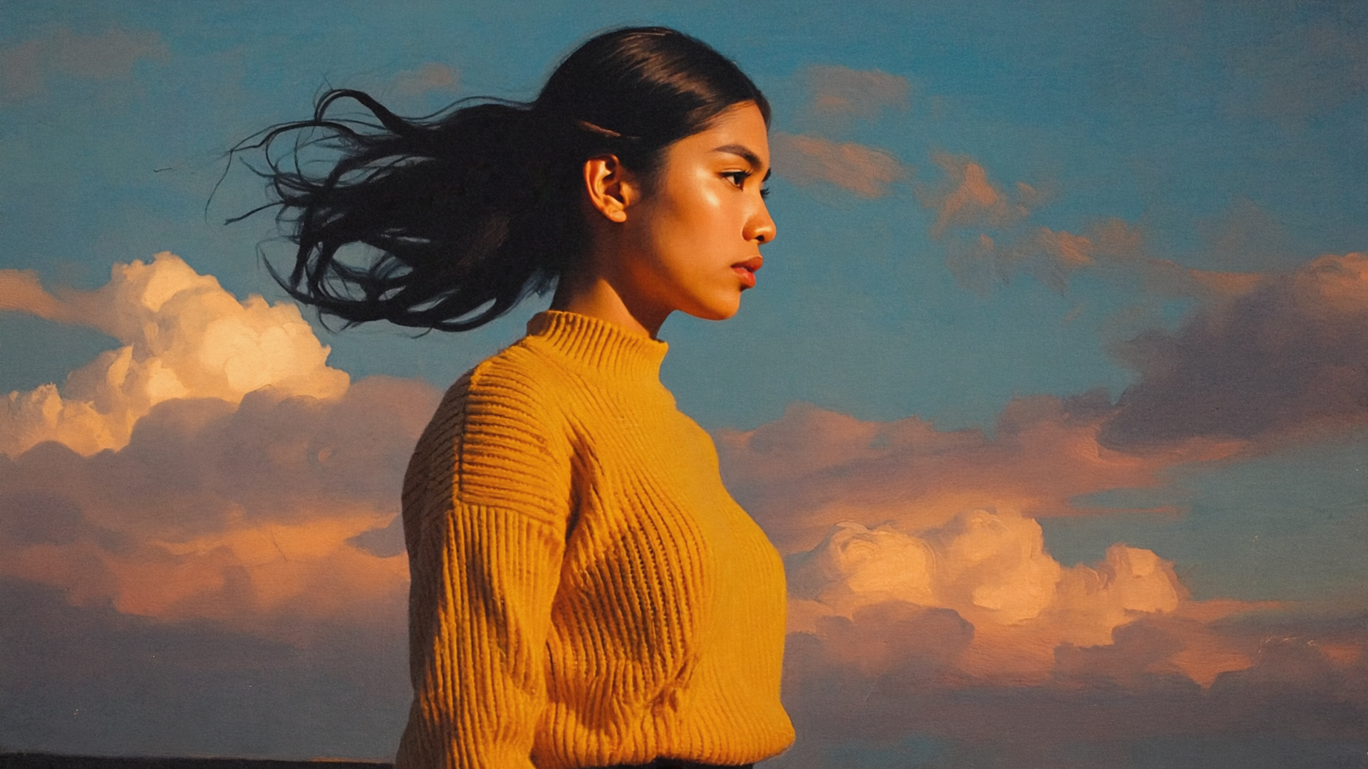 Gen4 A portrait of a woman with black hair in front of sunlit horizon sky, with vibrant a-5, 3850931 (1).png