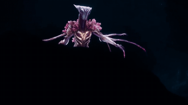 Gen-4_5 Viewed from a low angle, an ethereal, alien-like opalescent creature with pearlescent intricate skeletal armor appears majestic as it gracefully shifts its posture, causing long, thin tendrils.mp4.gif