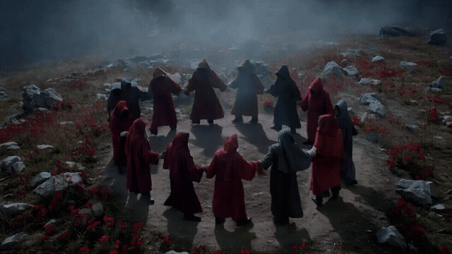 Gen-4_5 A group of figures wearing heavy, hooded robes, predominantly deep red with a few in grey, hold hands and dance in a circle within a misty valley The high-angle shot captures the entire forma.mp4.gif