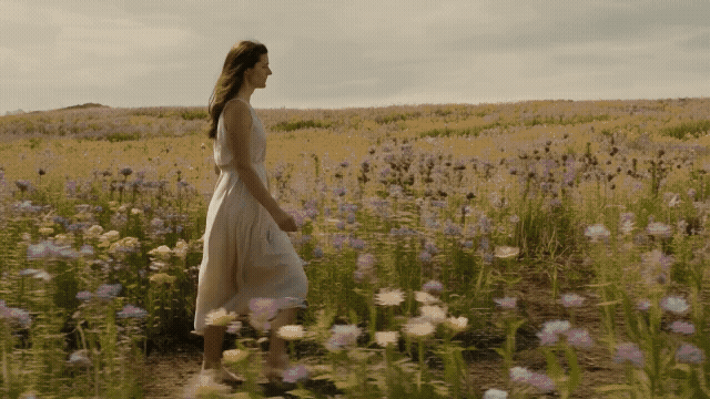 Gen-4_5 The camera trucks right, tracking a woman walking right along a in a field; as she progresses, the flat environment organically transforms and unfolds with a stop motion effect from a flower f.mp4.gif