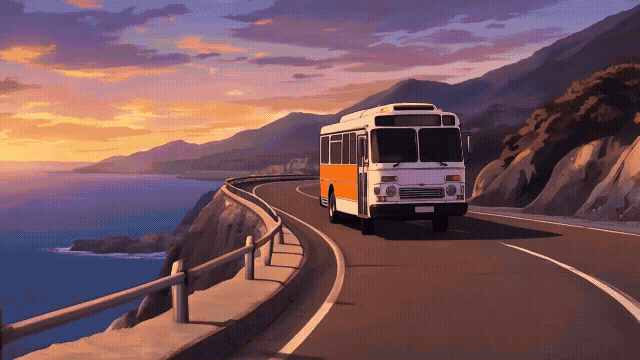 Gen-4_5 A classic white and orange municipal bus with tinted windows and a destination sign on the front navigates a gentle curve on a coastal road, its tires subtly gripping the asphalt The bus slow.mp4.gif