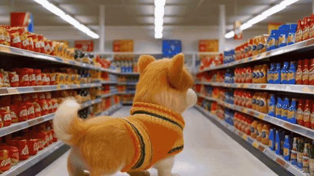 Gen-4_5 A needle-felted orange and white Corgi character wearing a yellow, green, and orange sweater stands in a grocery store aisle, initially facing away from the lens The Corgi abruptly turns its .mp4.gif