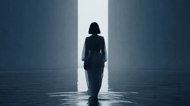 Gen-4_5 Frame within frame composition of a lone female figure with a distinct bob haircut, wearing a flowing, semi-sheer dress with full sleeves, is silhouetted from behind as she walks away from the.mp4.gif