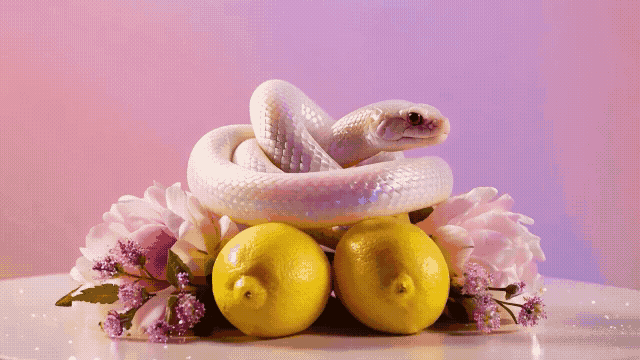 Gen-4_5 Camera orbits a meticulously arranged, surreal still life featuring an iridescent albino snake coiled among vibrant yellow lemons, soft pink flowers, and shimmering, glitter-dusted flora again.mp4.gif