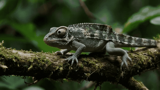 Gen-4_5 A medium shot shows a chameleon slowly traversing a moss-covered branch, its body perfectly camouflaged, then a sudden crash zoom closely frames its face, and the independent movement of its p.mp4.gif