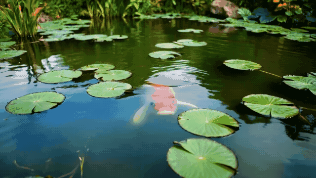 Gen-4_5 Bird's eye view looking directly down at a serene pond A koi fish emerges and breaches the surface, sending gentle ripples through the surrounding lily pads 1487425890.mp4.gif