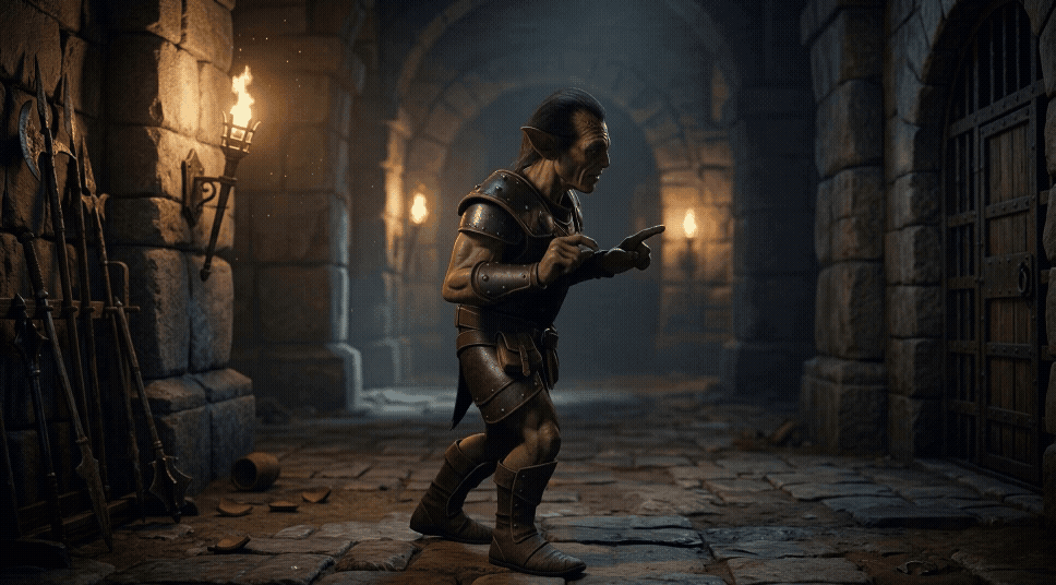 Kling 30 Motion add a sleeping_ giant dog behind the goblin.gif