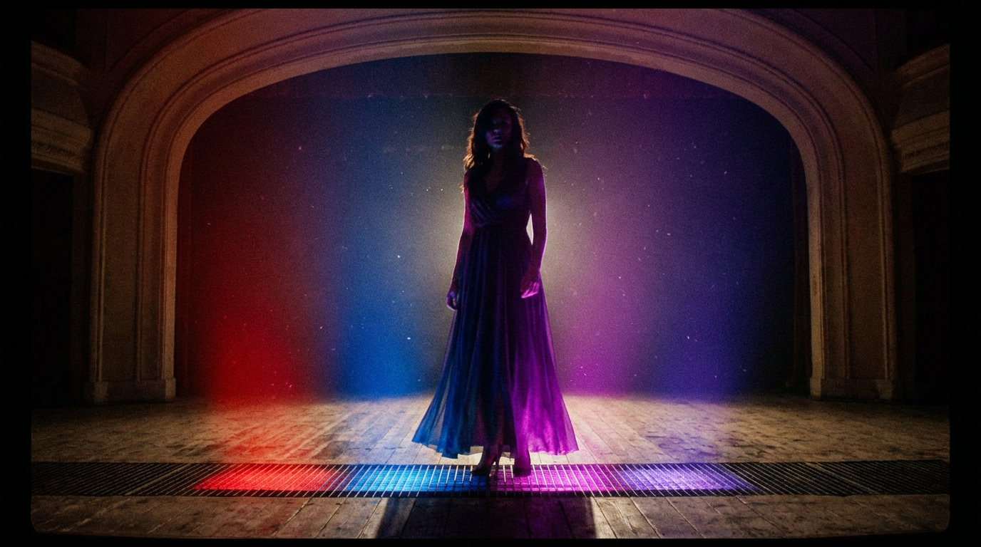 Nano Banana Pro - A cinematic shot of an actress on a stage_ she has multi colored lights illuminati_3.png