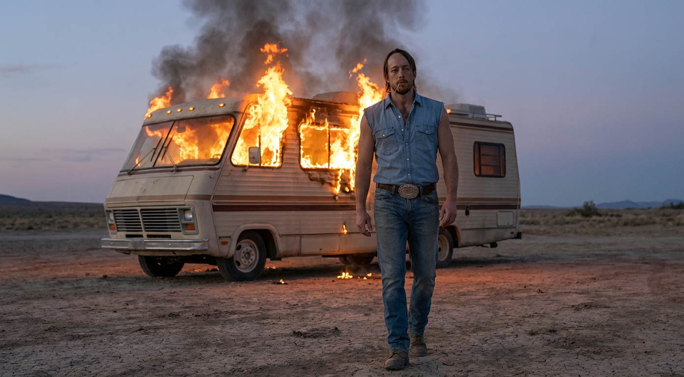 Nano Banana Pro - show this character in a cinematic scene_ walking away from an RV on fire_2 (1).png