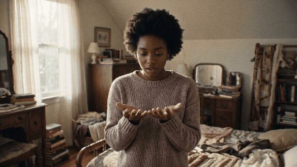 Seedance 2_0 - slow dolly push in_ the woman turns her hands over as she looks at them in awe (1).gif