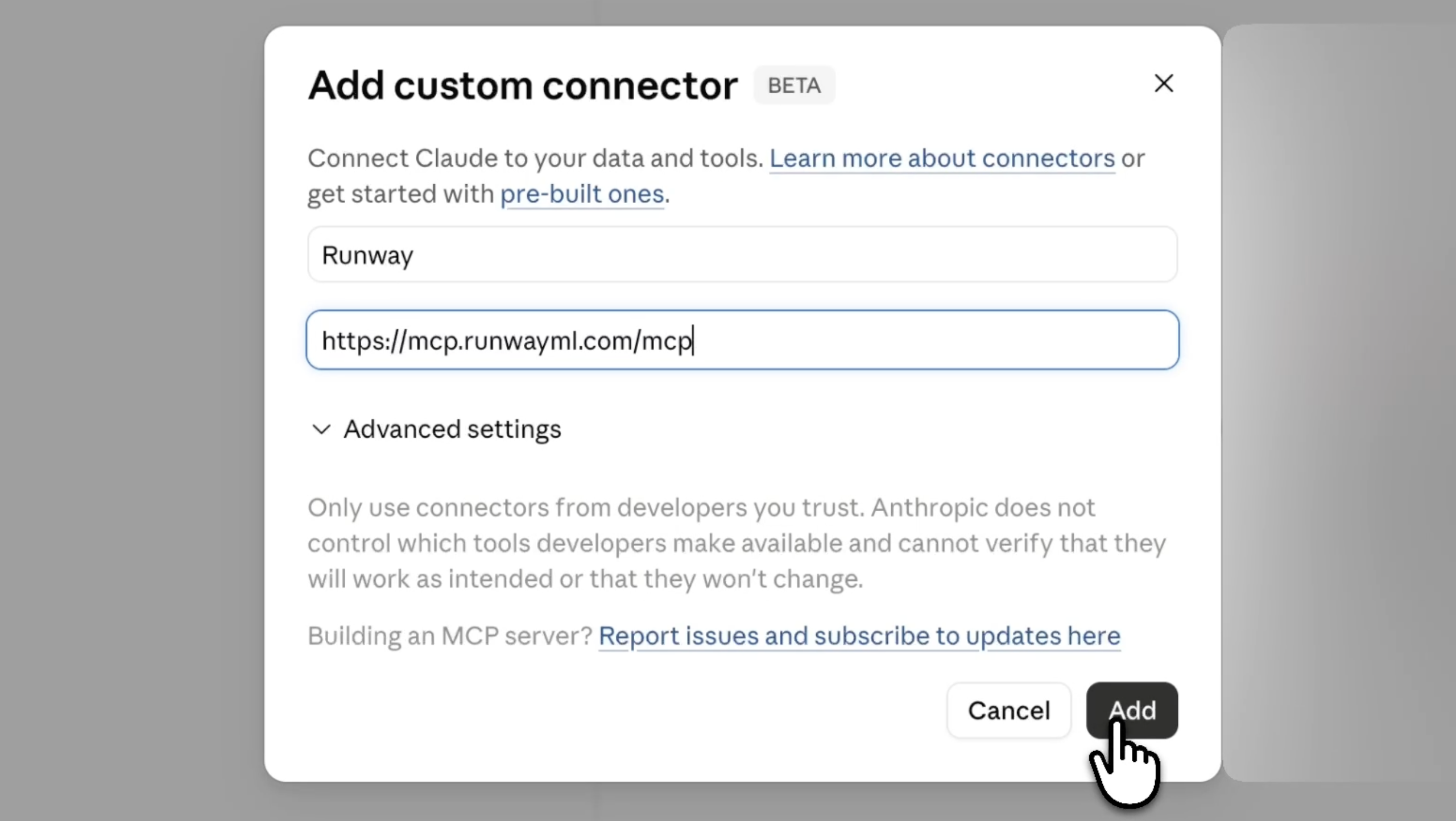 Connector name and URL fields with Add button