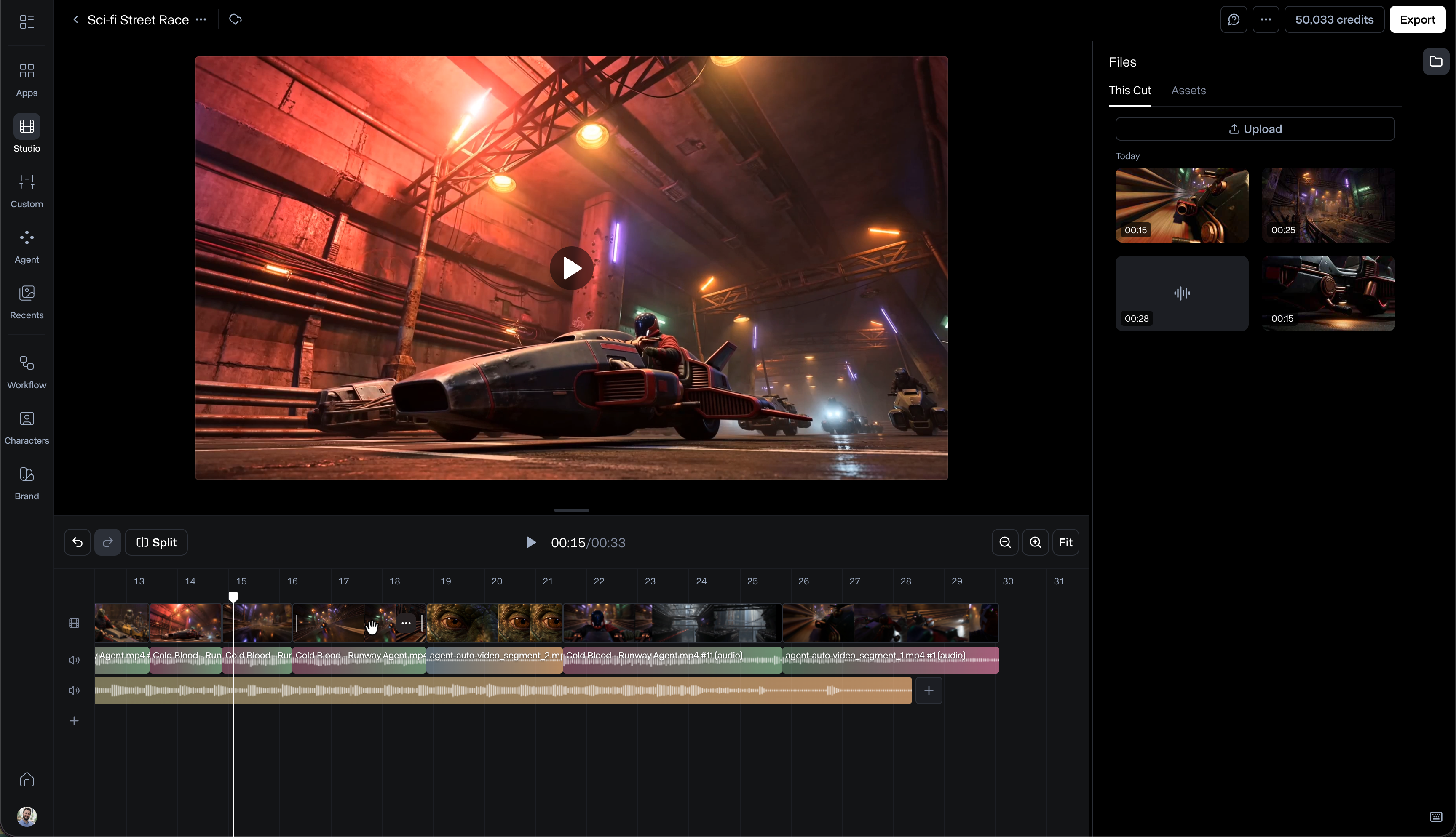 Runway Studio interface with sci-fi racing video example.