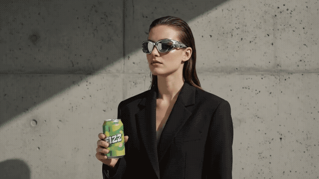 Gemini Omni Flash - the woman from _Image 2 wears the glasses from _Image 1 while holding the soda f.gif