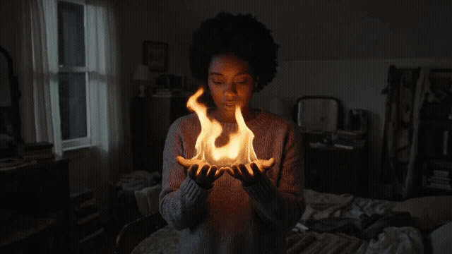 Gemini Omni Flash - add fire to the palms of their hands that disappears when their palms face downw.gif