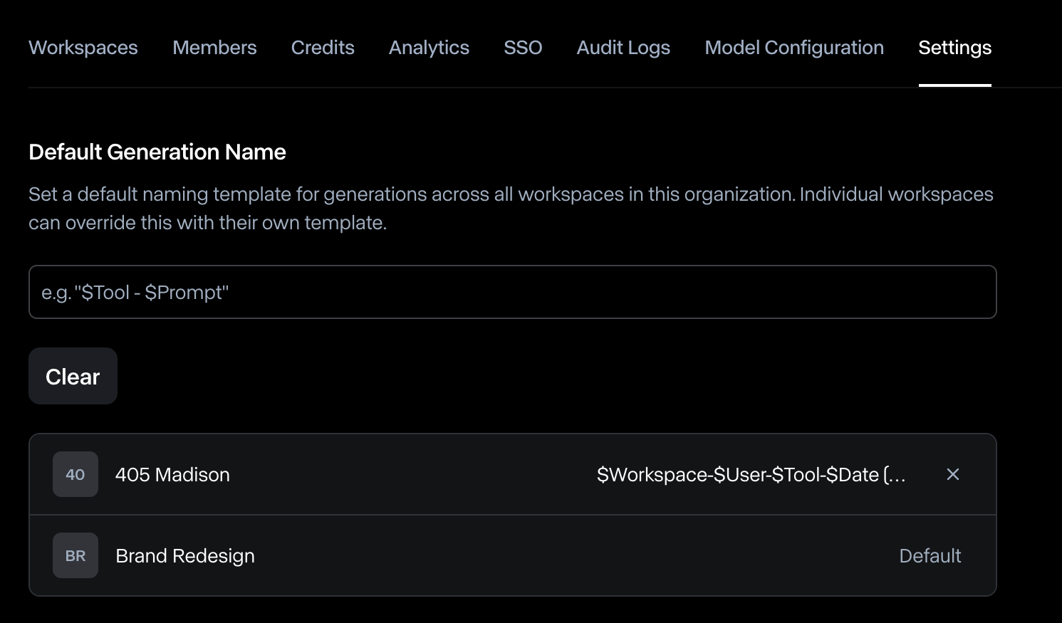 Default Generation Name section in Runway Organization settings, with a naming template field, a Clear button and a list of workspaces showing which follow the organization default and which use their own template