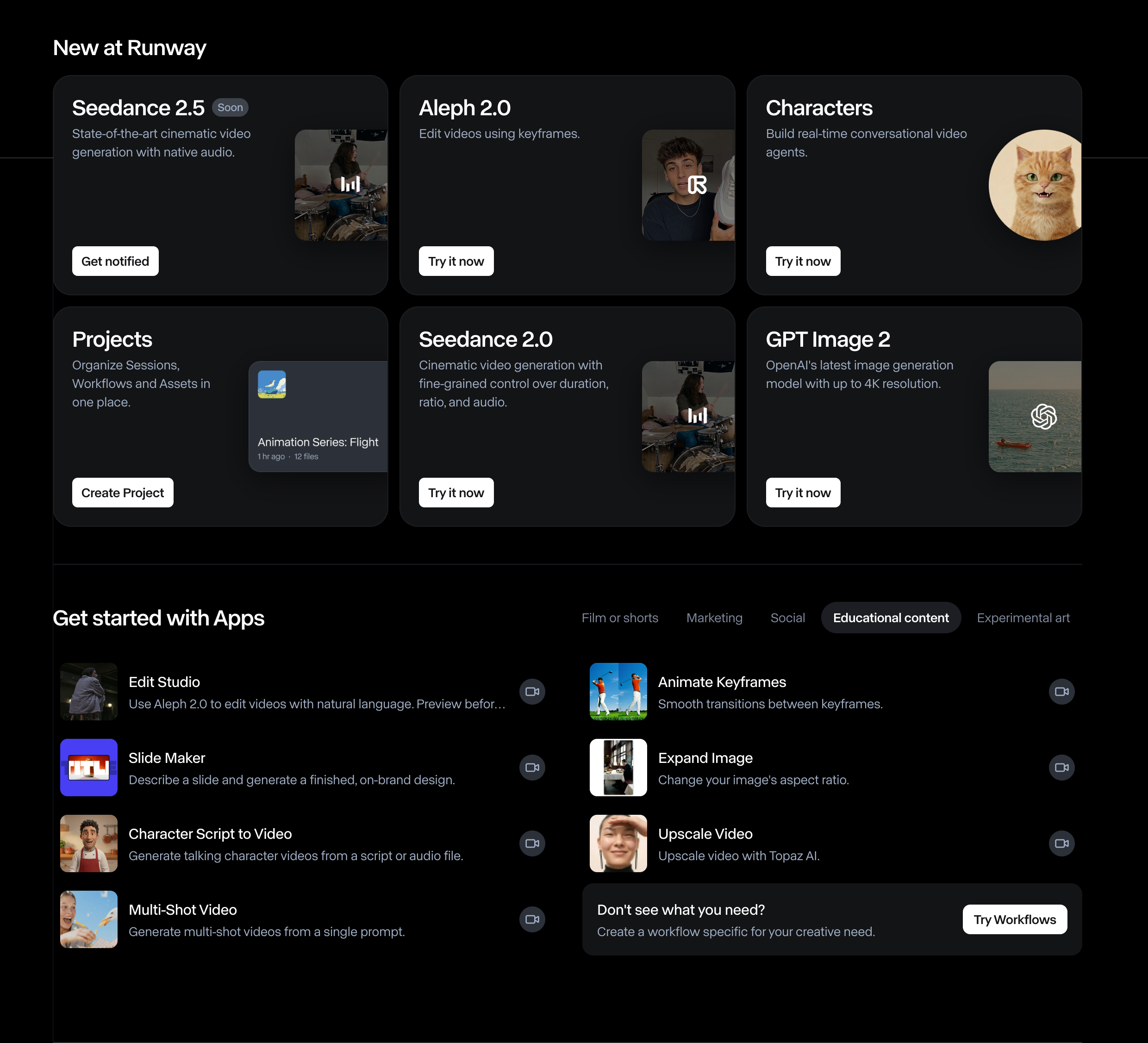 Runway Home page sections including New at Runway and Get started with Apps