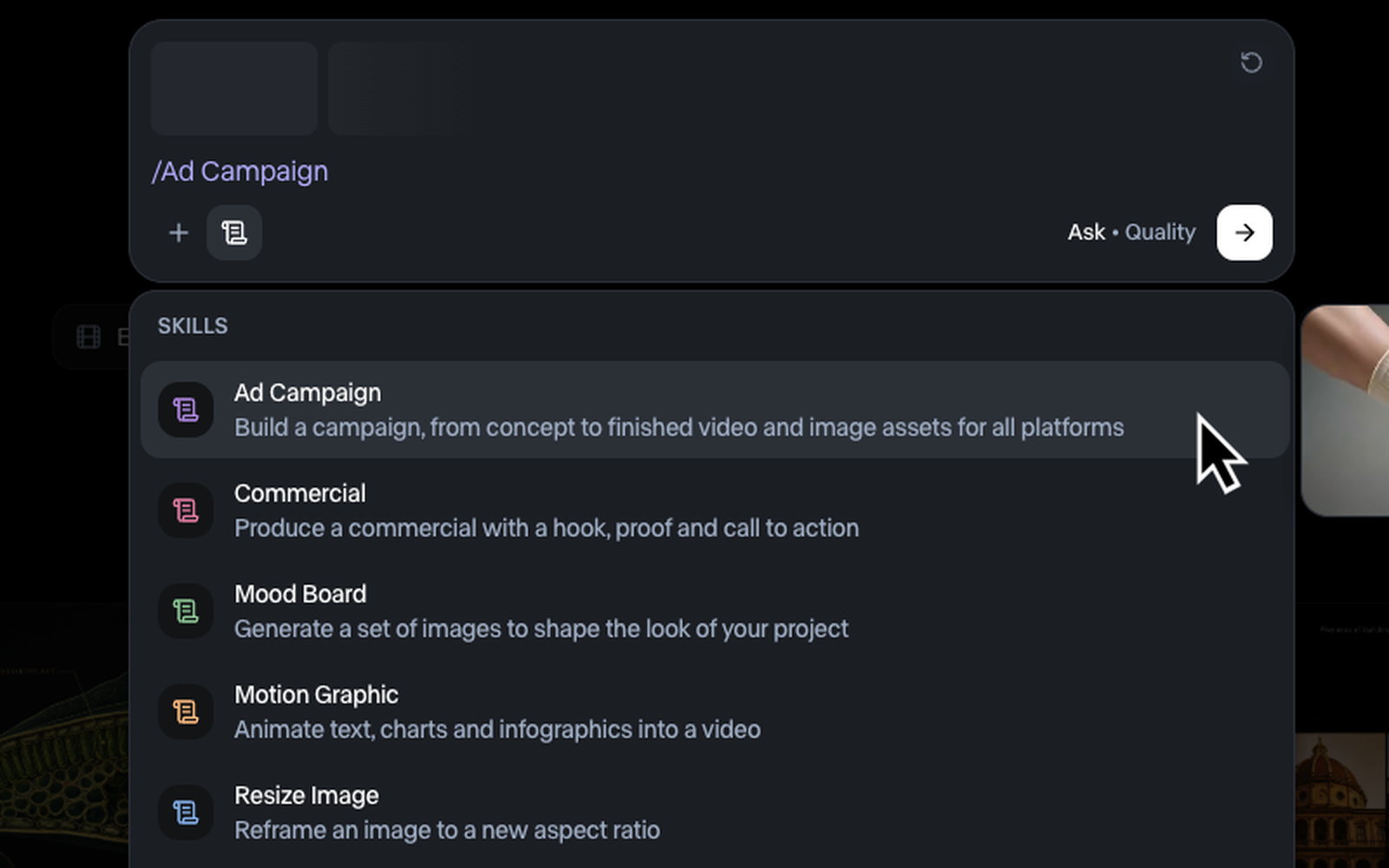 Agent Skills menu in Runway opened from the composer, listing skills with descriptions
