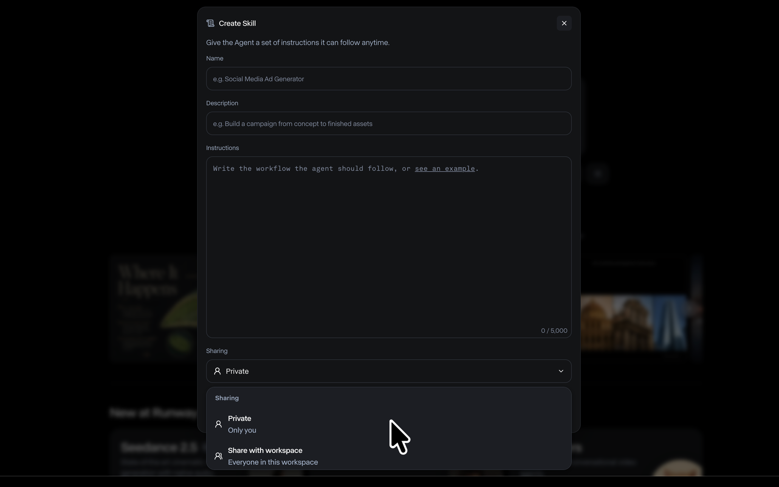 Create Skill dialog in Runway Agent with name, description, instructions and sharing fields
