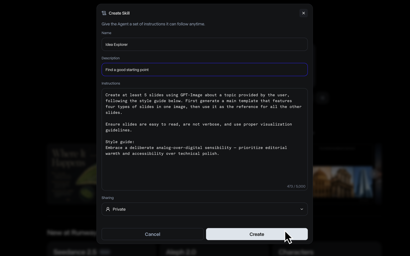 Create Skill dialog filled in with a custom skill example