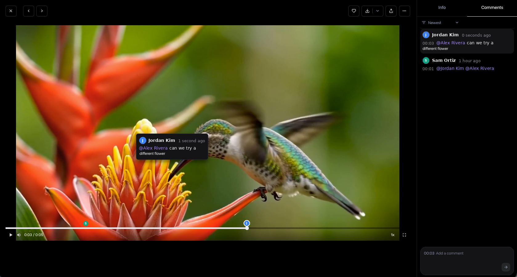 Comments tab in the Runway asset view showing a pinned comment on a video, comment markers on the scrubber and the comment list with an @-mention