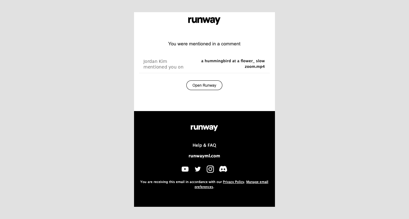 Runway email notification for being mentioned in an asset comment