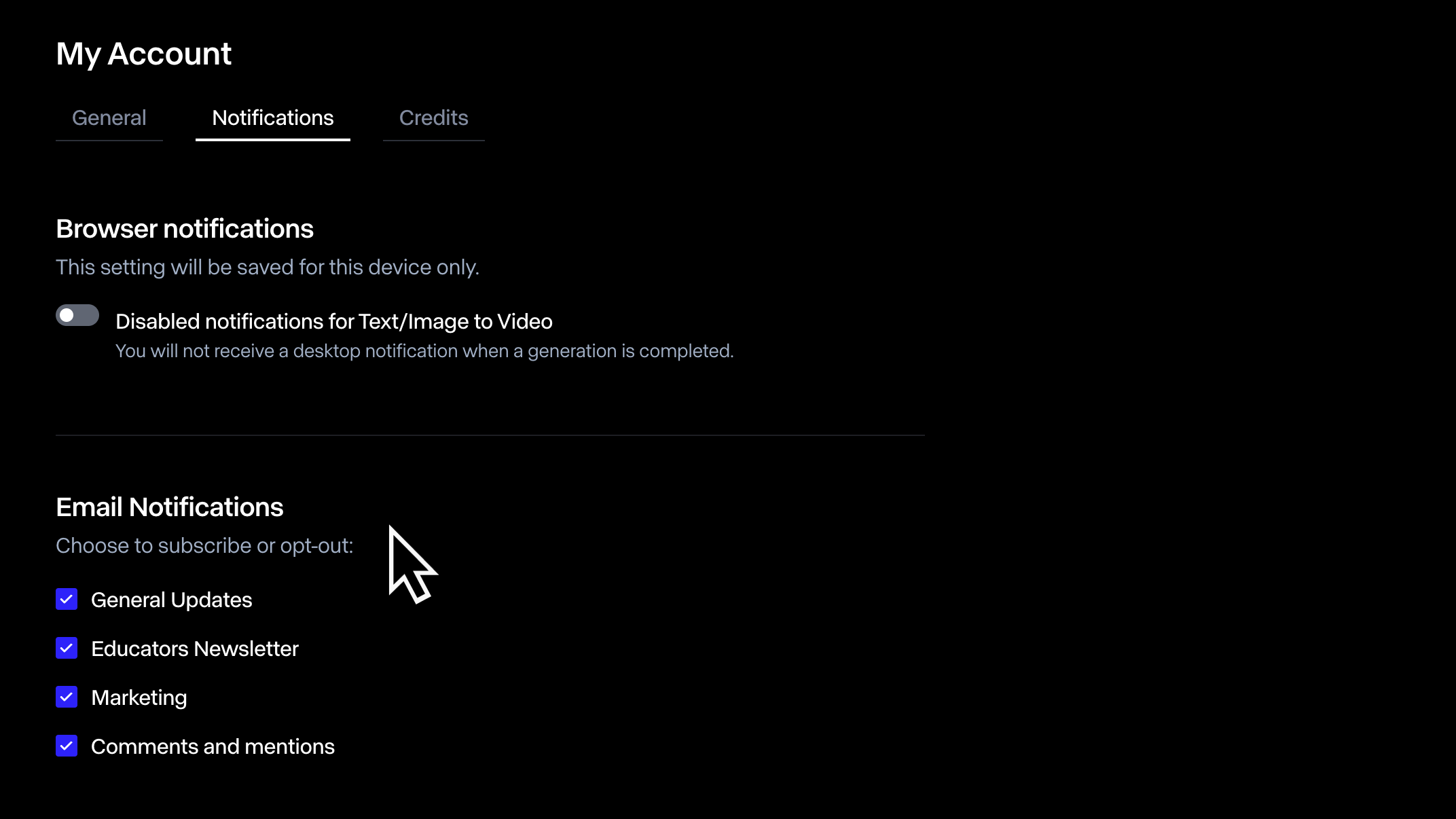 Notification settings in Runway showing the browser notifications toggle and email notification categories