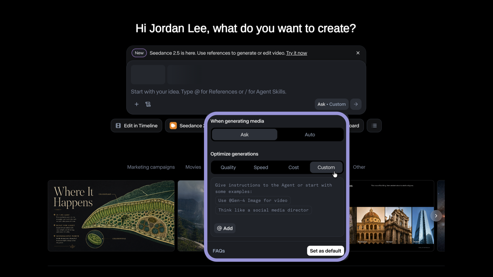 Custom generation preferences panel in Runway Agent showing the Custom option selected under Optimize generations, with a text box for natural language instructions and a Set as default button