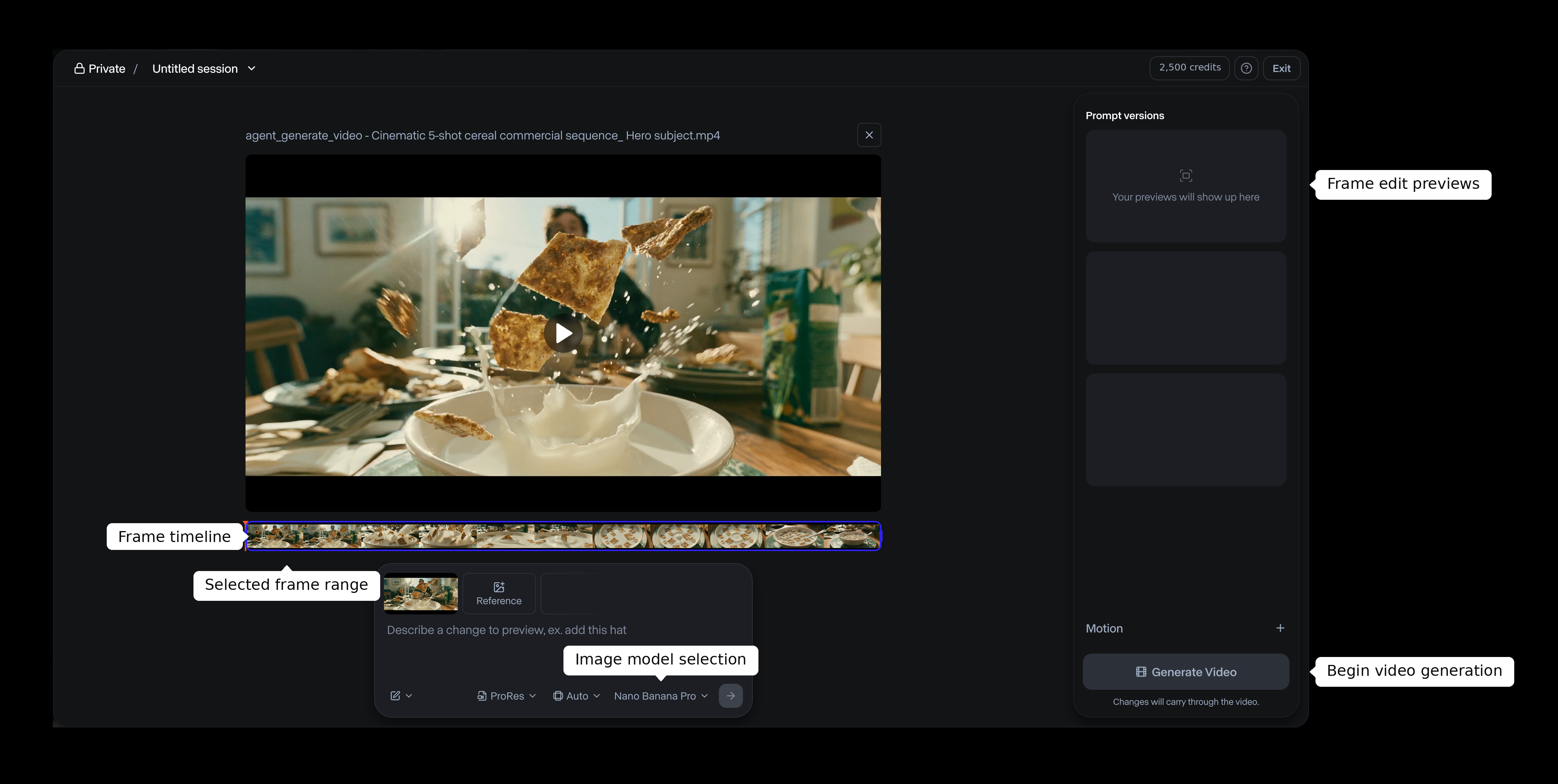 Edit mode with a selected frame range on the frame timeline, a prompt bar with reference image and image model selector, and a Generate Video button.