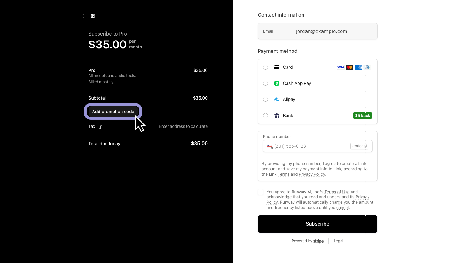 Add promotion code button at Runway checkout, below the order subtotal