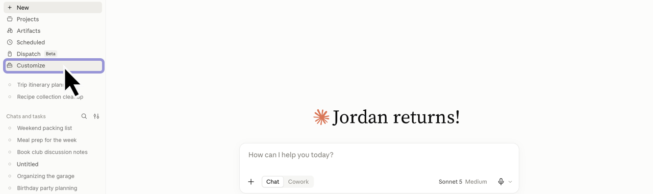 Customize option in the Claude sidebar