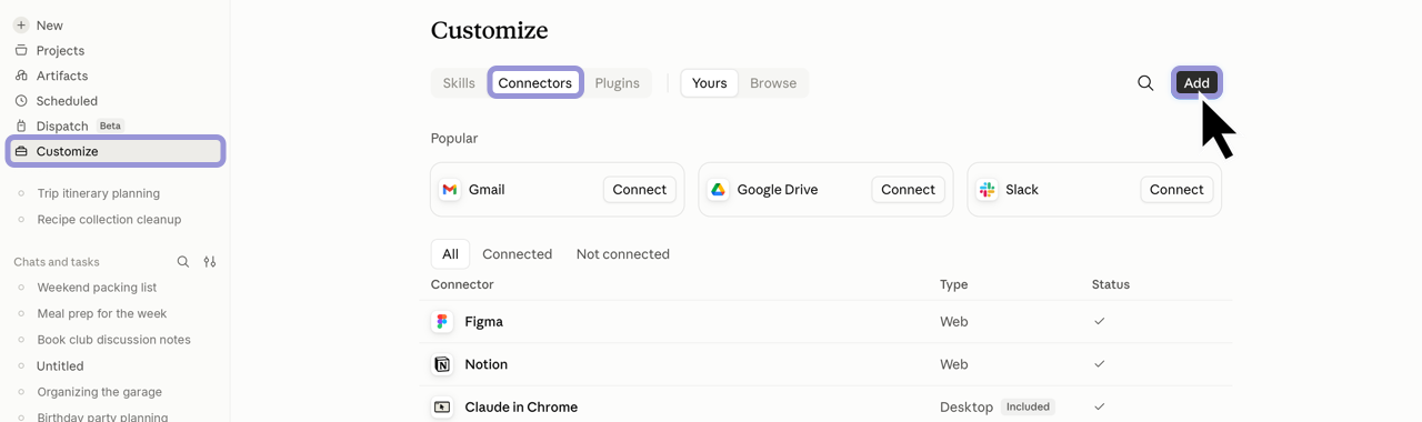 Connectors tab on Claude's Customize page with the Add button in the top right