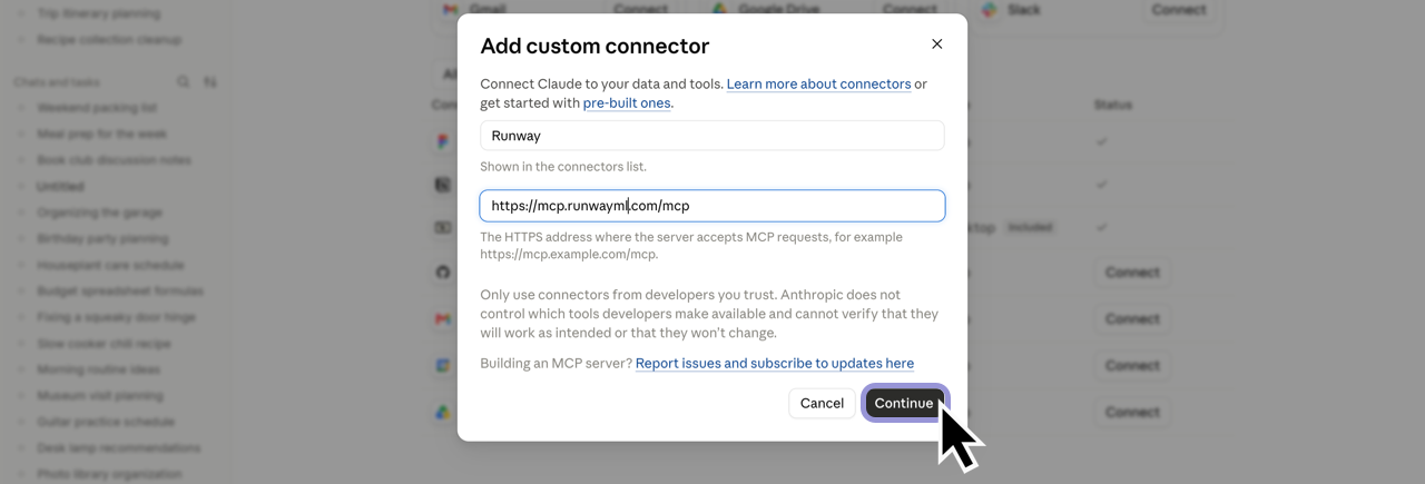 Add custom connector window in Claude with the Runway name and URL entered
