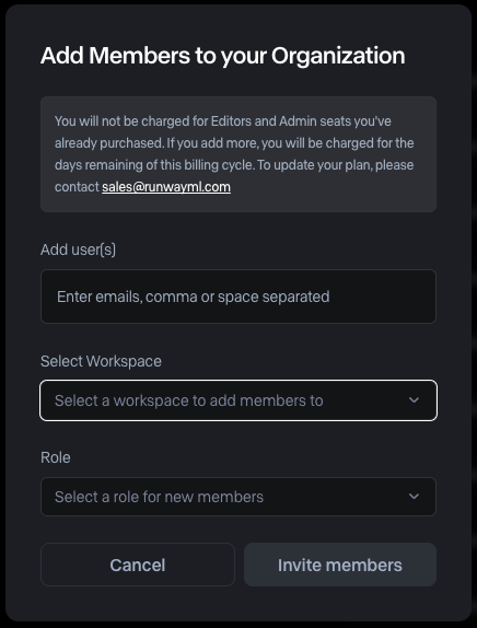 In-app reminder that adding members beyond your purchased seats results in a prorated charge