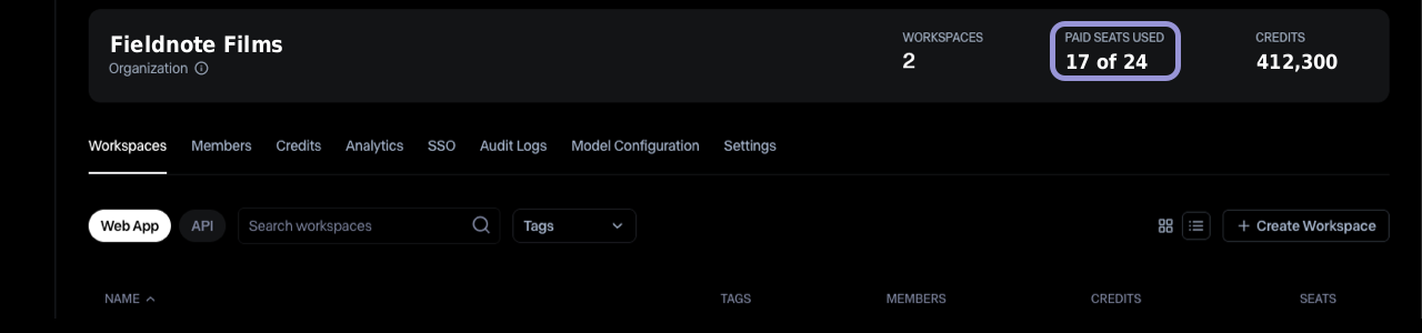 Organization settings header showing Paid seats used, indicating a set number of seats