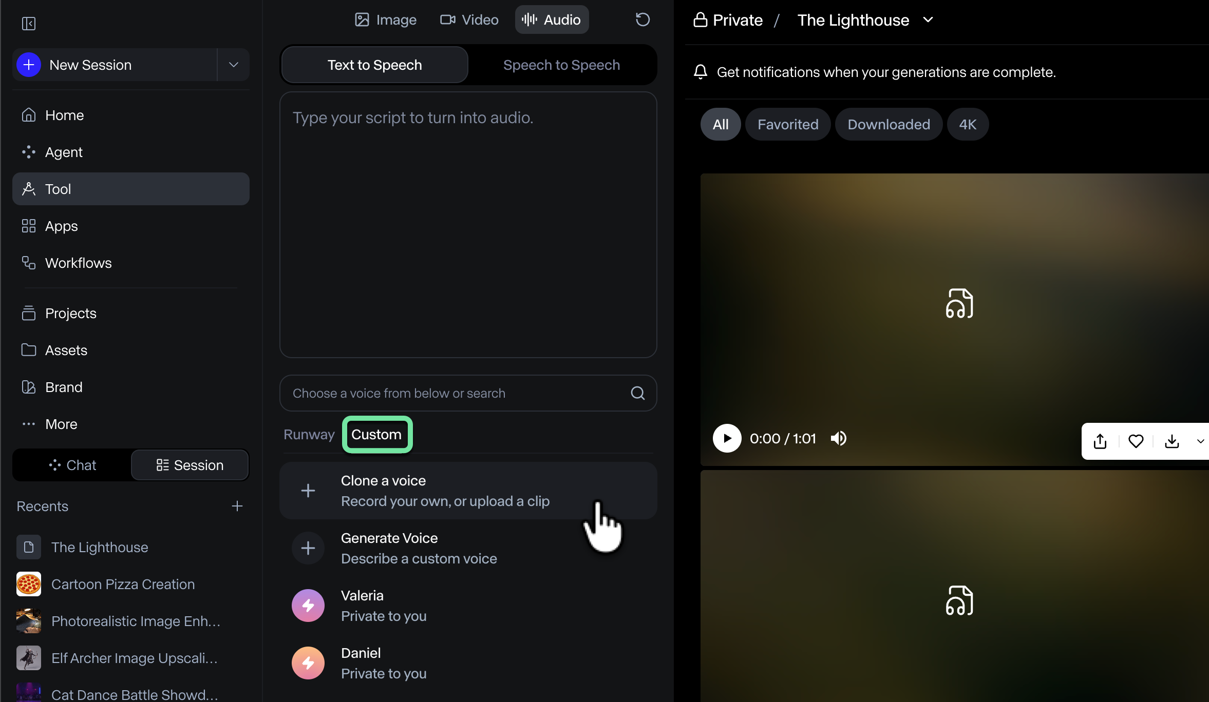 Custom voice options in the Runway voice list