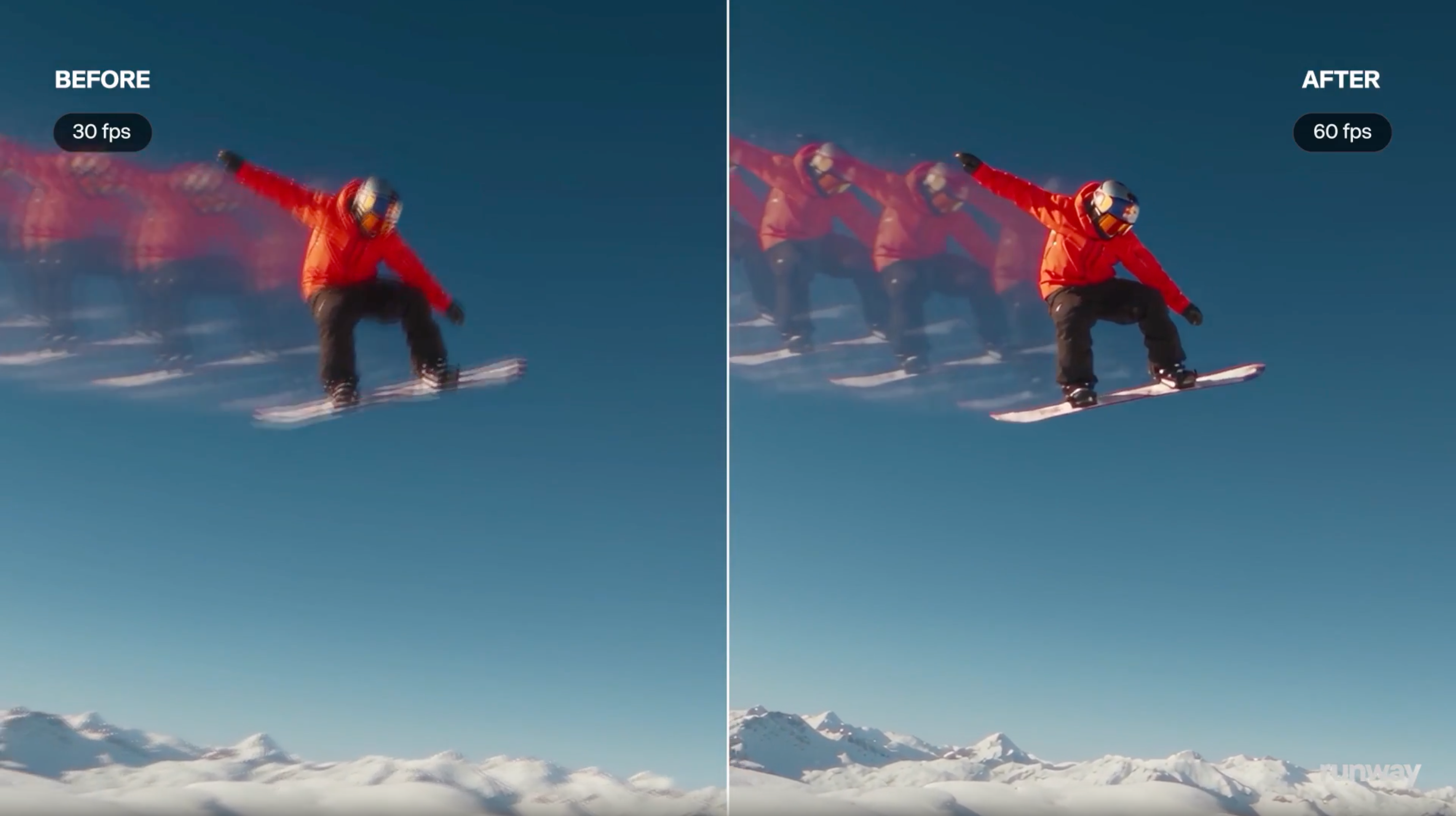 Enhance Frame Rate before-and-after comparison of a snowboarder mid-jump, motion-blurred at 30 fps and sharp at 60 fps