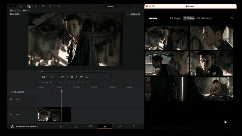 Runway plugin panel open beside the DaVinci Resolve timeline, showing the Image, Video and Edit Video tabs and a feed of generated clips