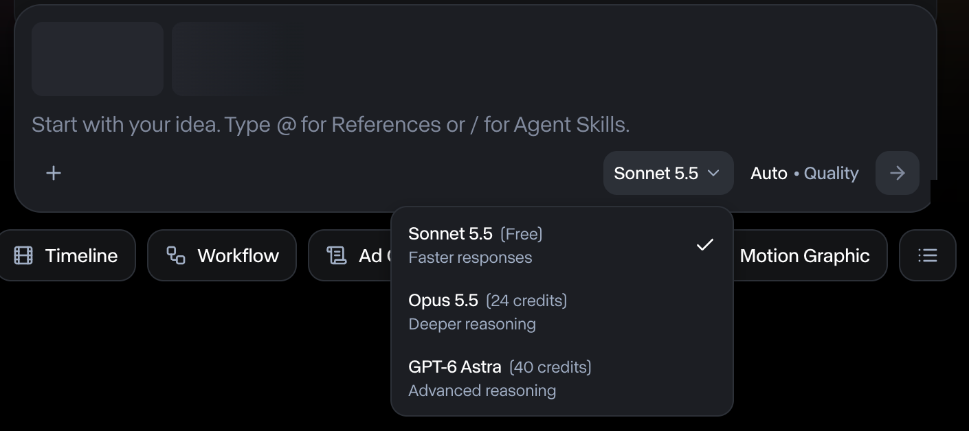 Agent model picker in the prompt panel listing Sonnet 5.5, Opus 5.5 and GPT-6 Astra with their per-message credit cost