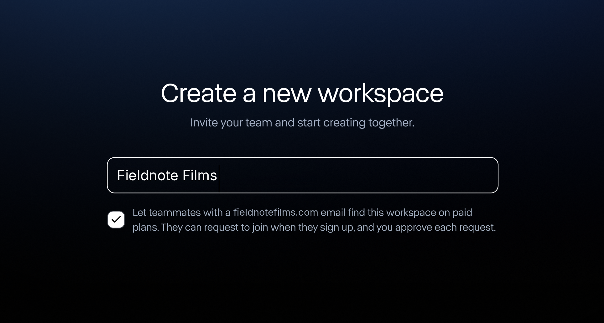 Create a new workspace dialog with the checkbox that lets people on your email domain find the workspace