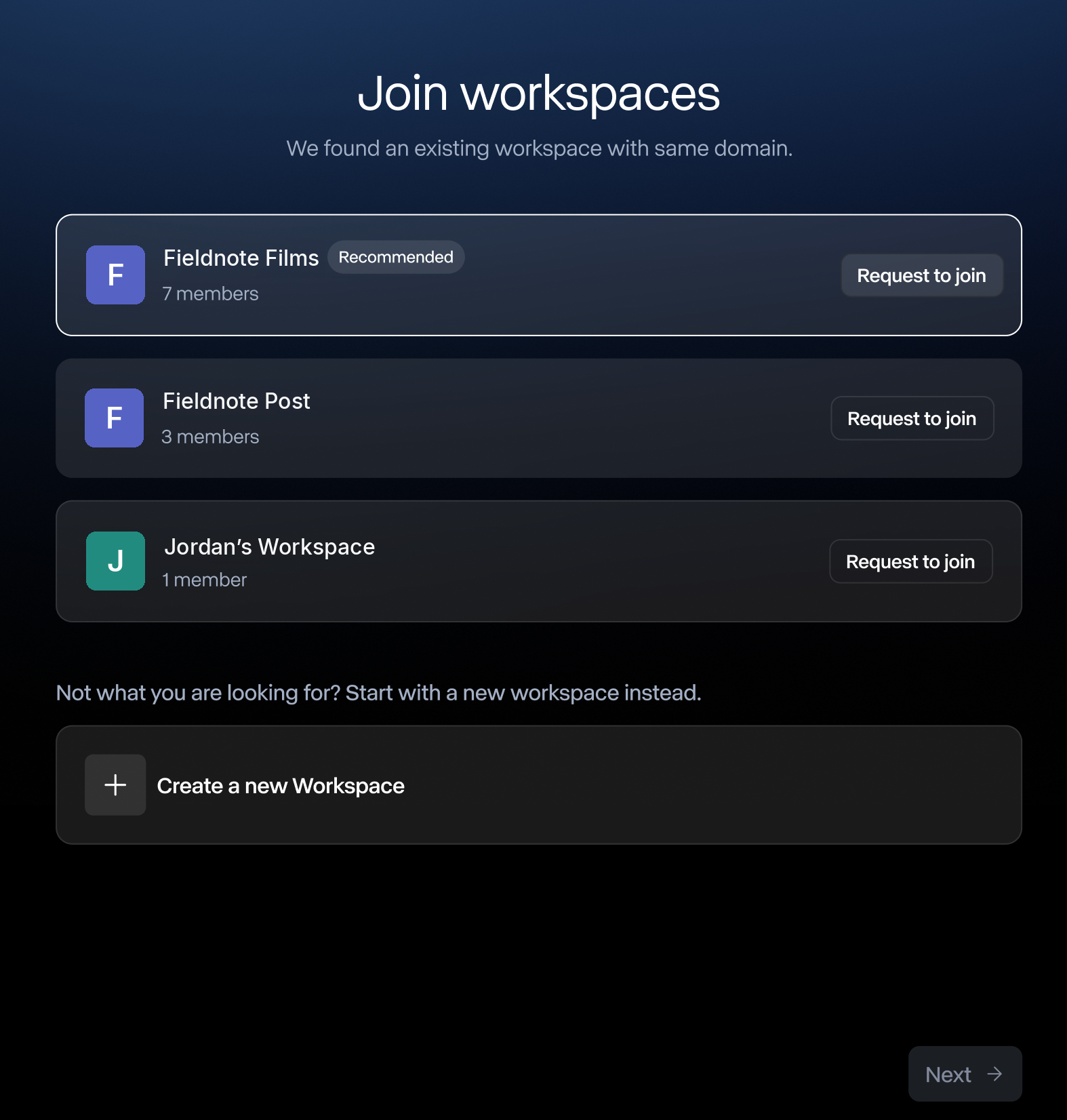 Join workspaces screen during signup listing workspaces on the user's domain with Request to join buttons