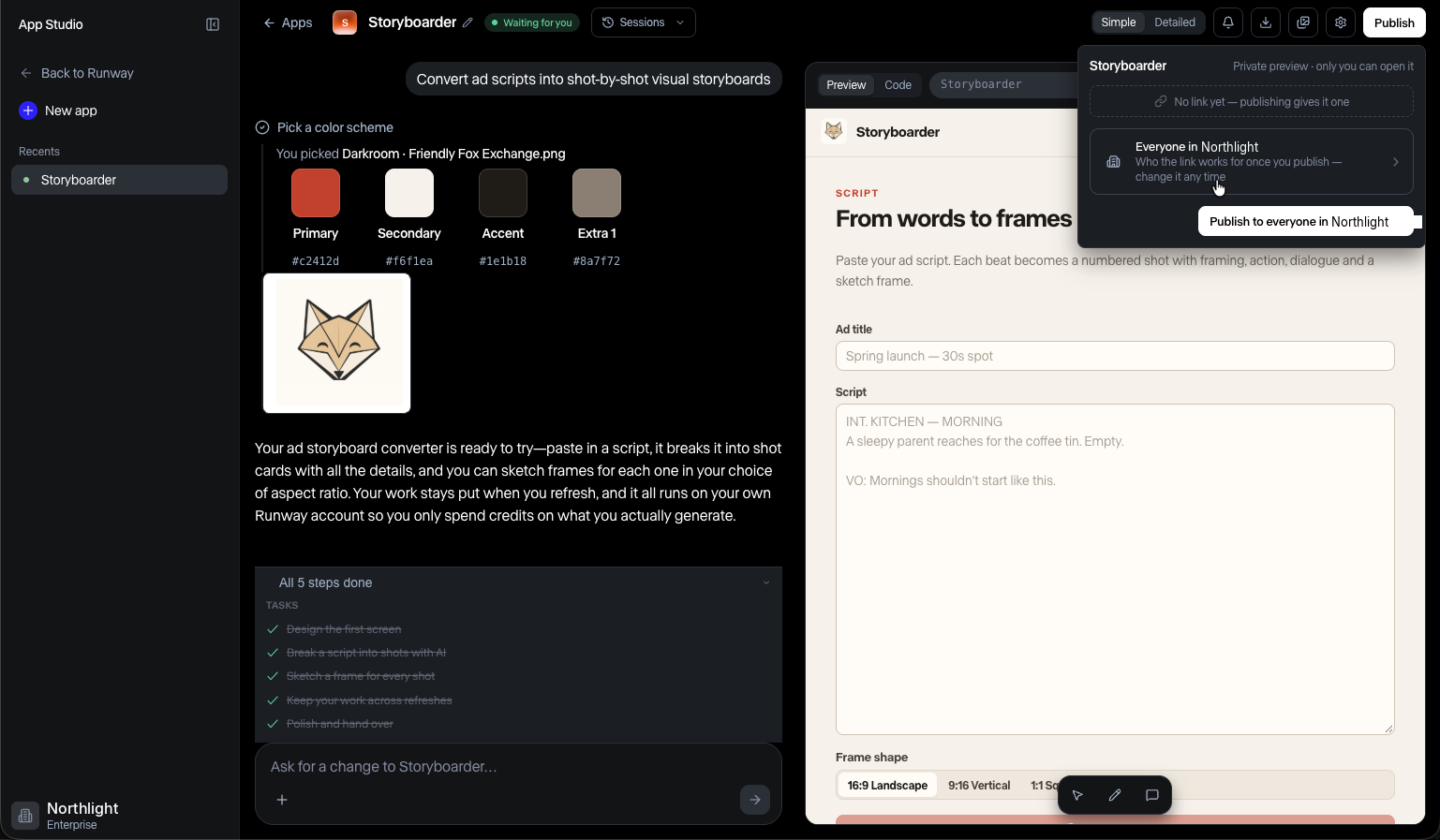 App Studio publish panel showing who can open the app once it's published