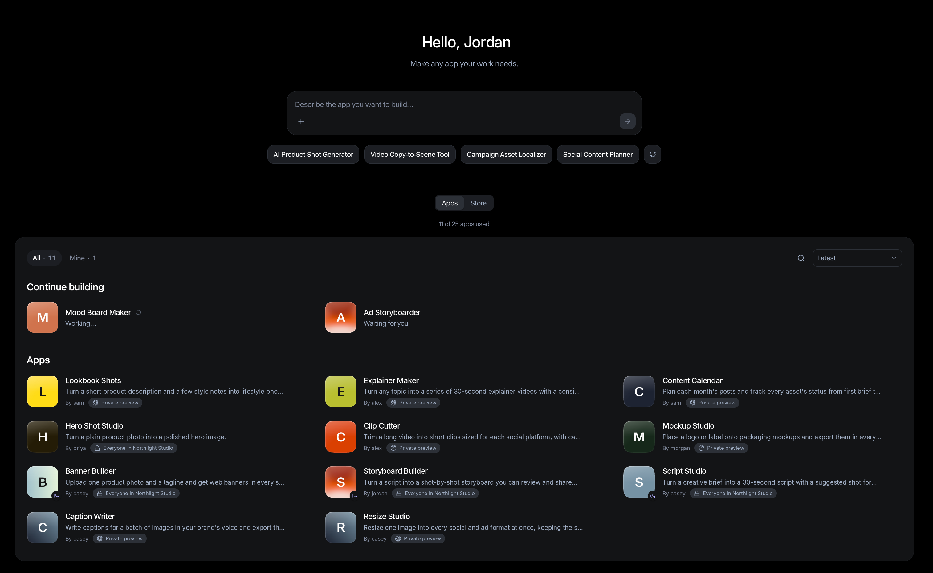 App Studio home in Runway showing the field for describing an app, suggested app ideas and the workspace's app library